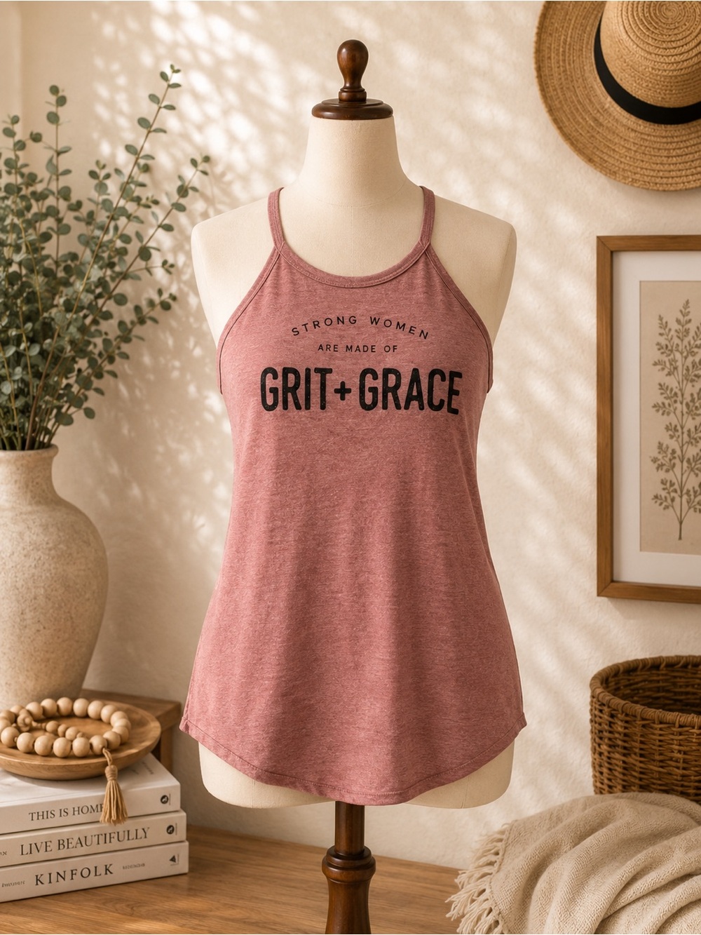 Women’s Halter Tank Top L -Pink “Grit + Grace” Graphic Sleeveless Casual EUC